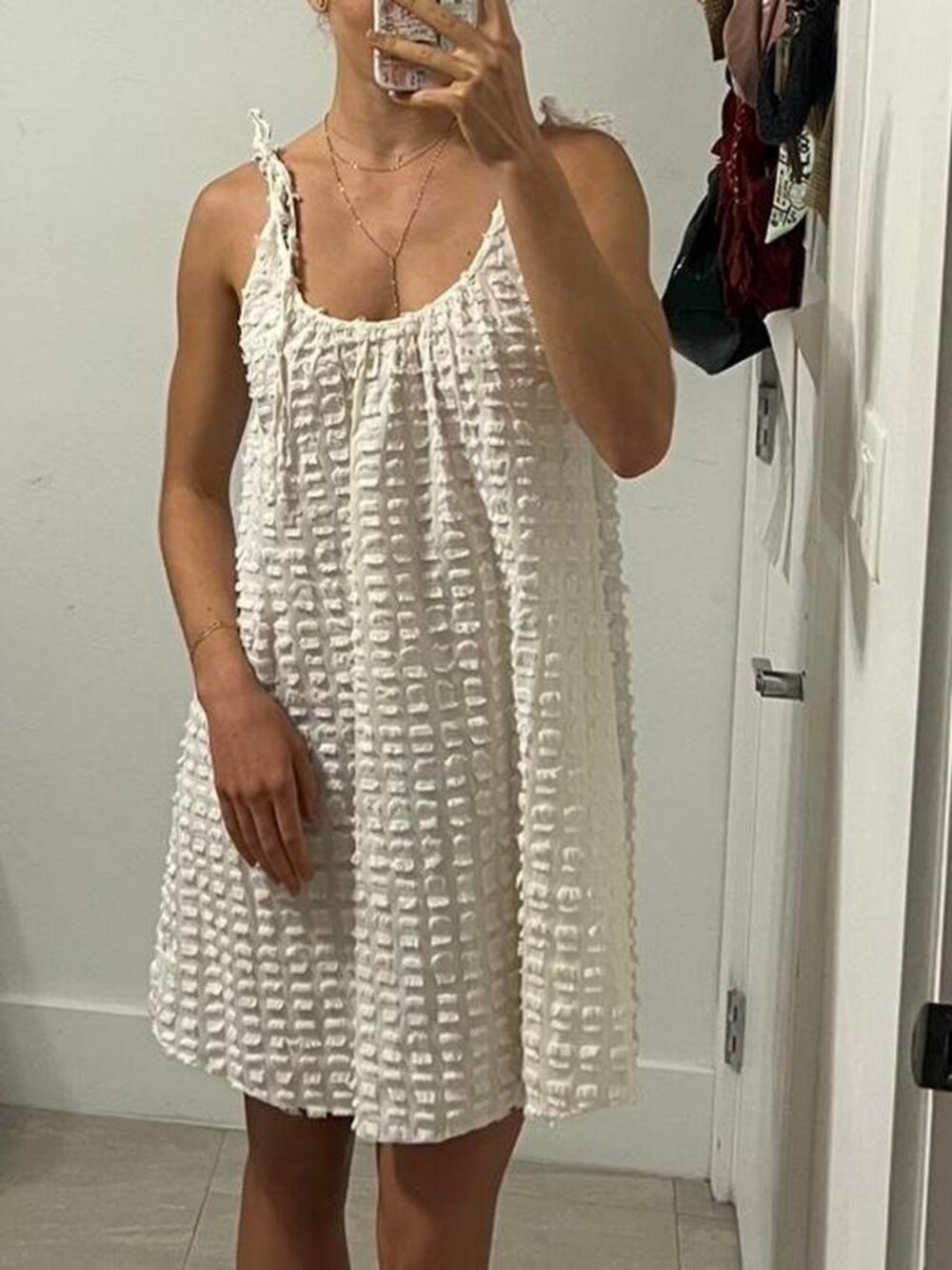 Madewell Off white mini dress with frayed detailing and adjustable bow straps
